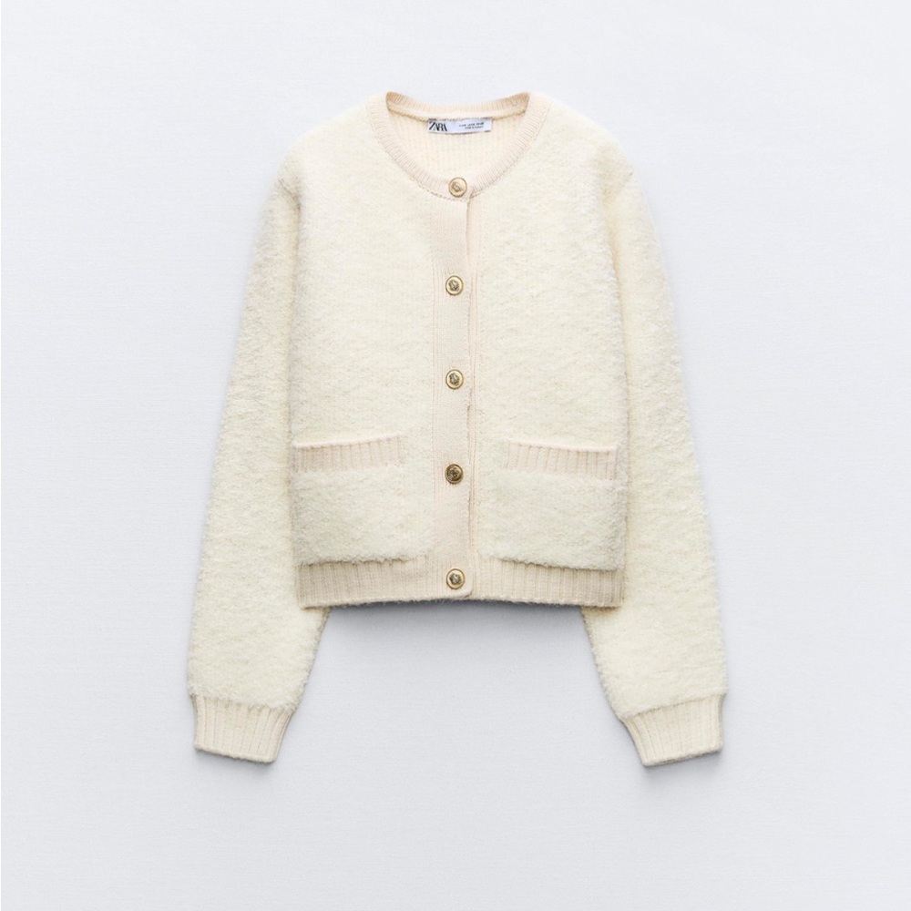 Zara BOUCLE knit cardigan sweater and bandeau set small ecru fuzzy teddy gold - Picture 4 of 13